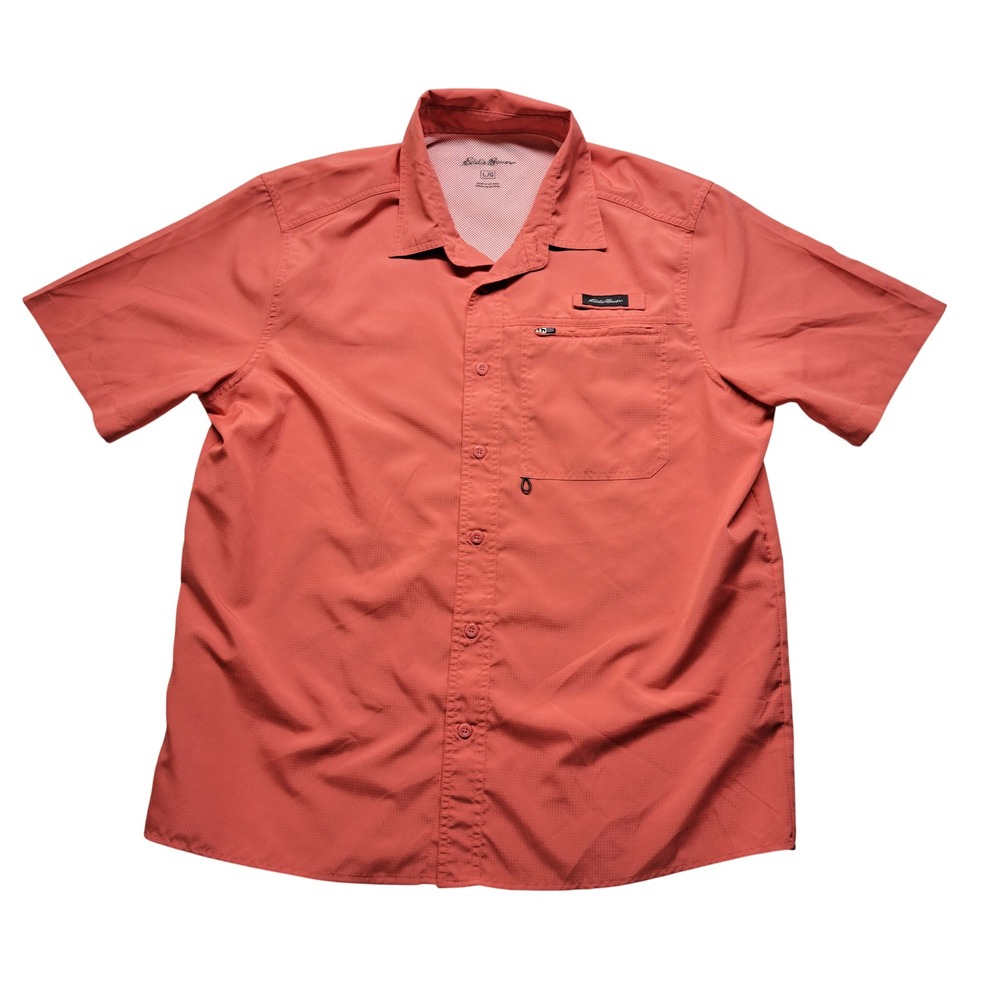 Eddie Bauer Fishing Shirt Mens Large Salmon Excellent Short Sleeve Ripstop Vent